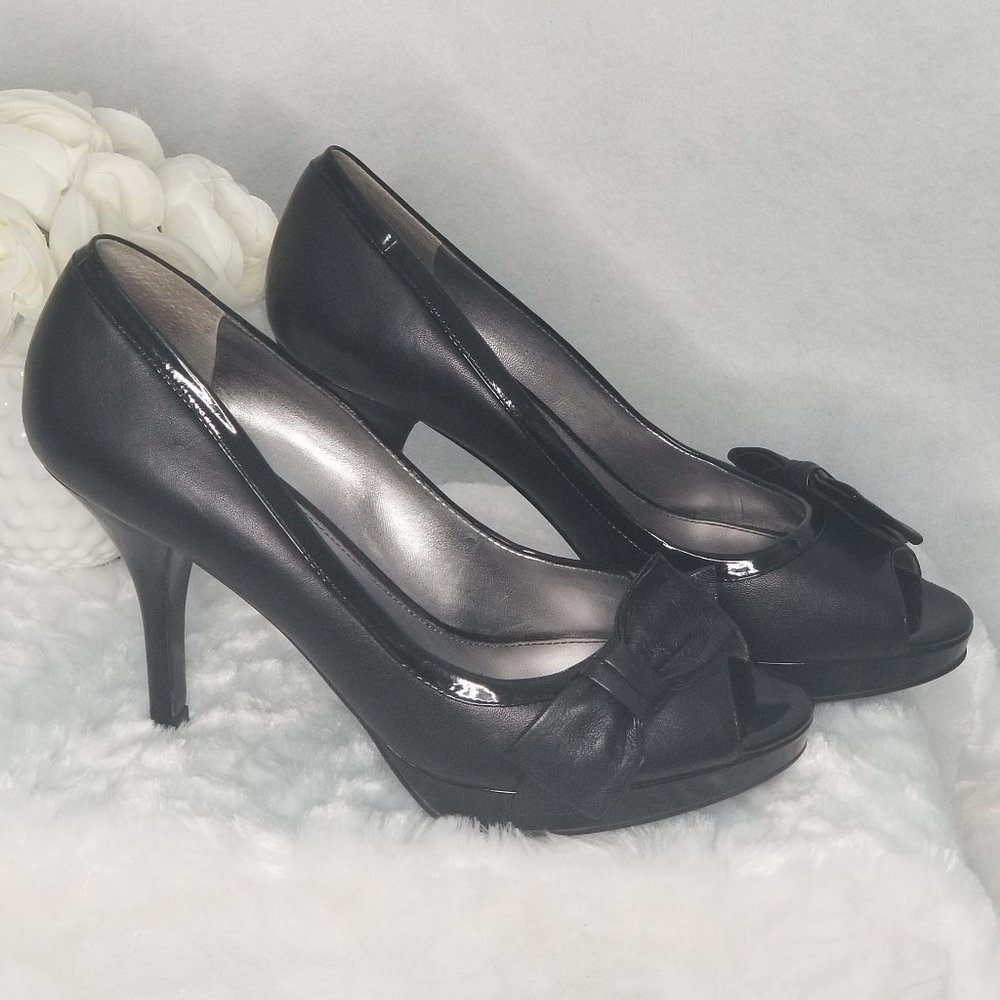 Black-Marc Fisher Peep Toe Leather Platform Pump